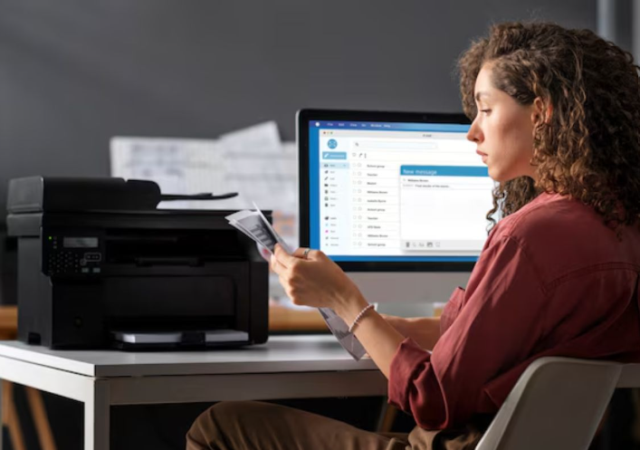 Woman fixing offline printer issues on Windows and Mac
